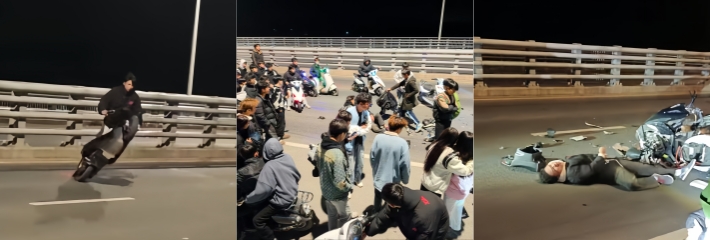 鬼火一响爹妈白养 精神小伙高架桥翘头秀操作 在线展示翻车大型现场！