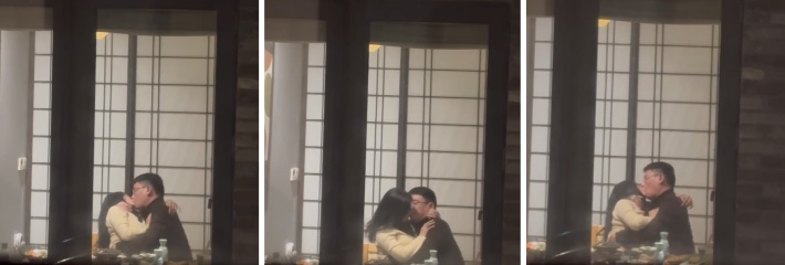 日料店激情舌吻，不像是正常夫妻，谁料被对面大哥偷拍，曝光网络
