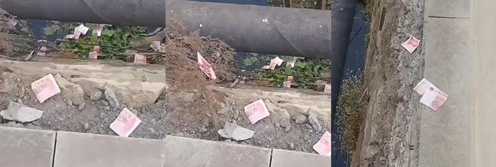 湖北太冶夫妻吵架撒钱出气，一捆现金洒落河里 引发路人围观捡钱 这是传说中的撒币行为吗！
