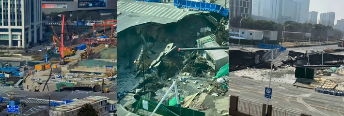 上海嘉闵线塌方惊魂 深坑狂吞路面工棚陷落 工人狂奔逃命幸无伤亡