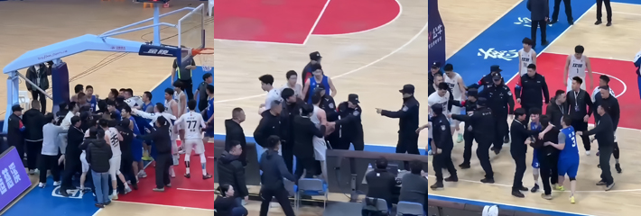 慈溪横河镇VS坎墩街道篮球赛 现场爆发冲突 球赛现场化身街头火拼