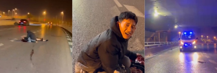 西安车祸现场 面包车与摩托车撞后 躺路上等待救援 遭路过面包车二次碾压！