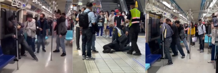 台湾省台北捷运突发持刀伤人事件，被猛男旅客压制夺刀，按在地上不得动弹！
