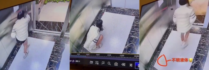 监控视频实拍曝光流出 一小仙女内急憋不住了 直接在电梯里脱裤开闸放尿 这是喝了多少？