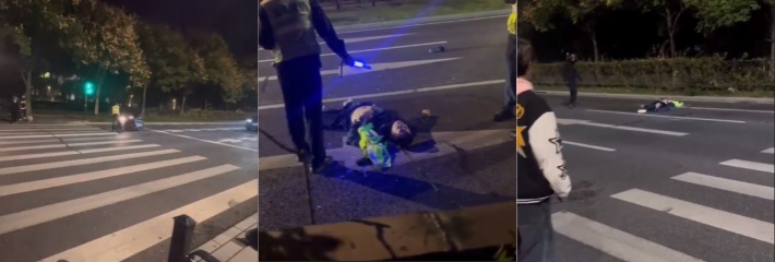 10月10日凌晨义乌警方接到举报有人炸街，赶到抓捕阻拦被强行冲关直接撞飞，骑车的一点事都没有！