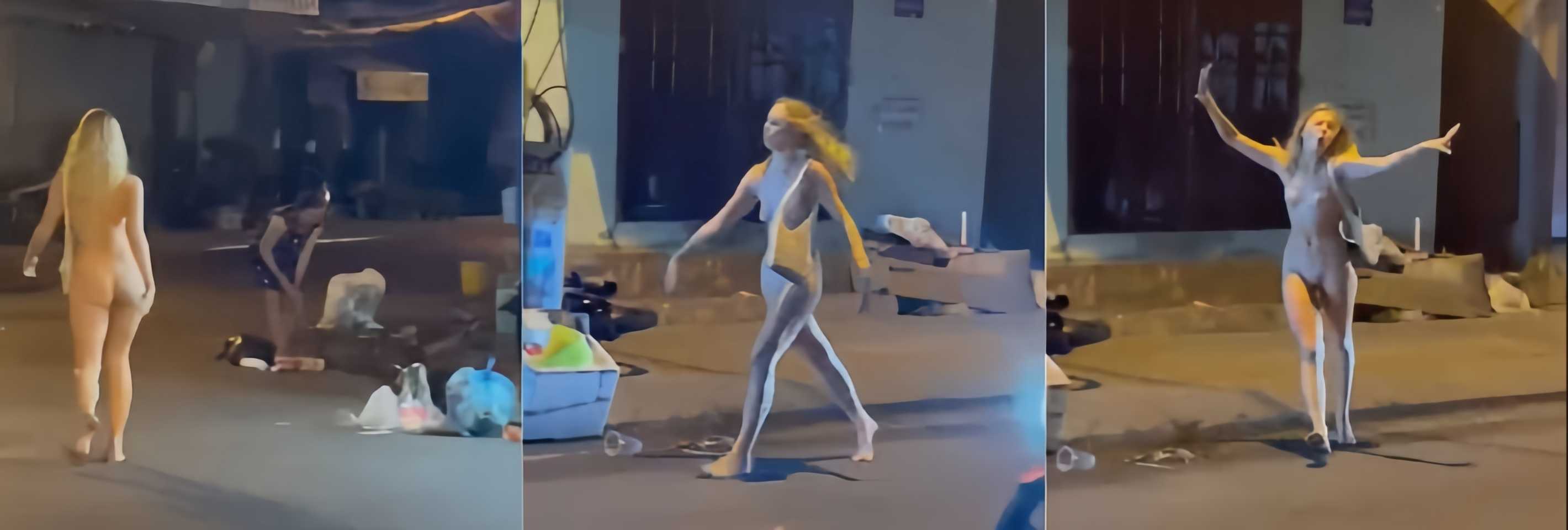 越南芽庄市一名外国女性疑似吸毒过量 街头全裸行走 动作夸张尖叫咒骂 现场视频流出