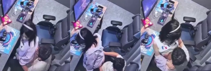 网吧监控流出 小情侣包厢里激情性爱 操逼游戏两不误 连开房的钱都节约了