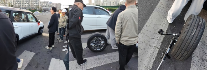 江苏无锡吉利新车出门被车碰一下轮胎就脱落 现场视频曝光 质量问题还是人为套路？