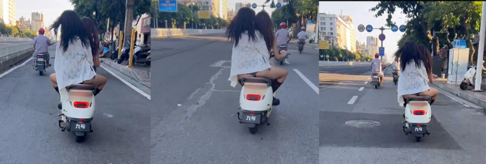 九号电动车最佳代言 精神小妹现在越来越奔放了 穿个蕾丝小内裤就出门！