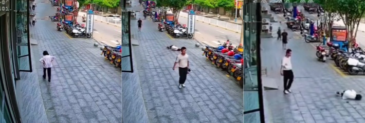 湖南邵阳 一男子当街殴打路过老人 老太太被打两次后倒地无法动弹