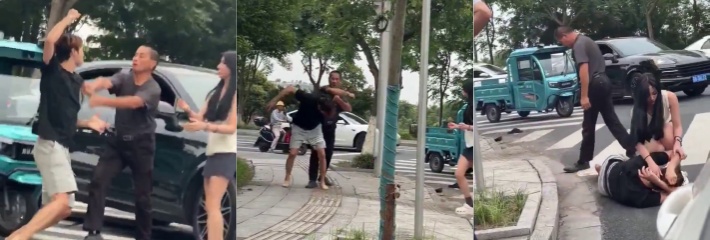 保时捷年轻小伙车主 与骑电三轮大爷街头贴身肉搏 大爷一记勾腿KO年轻小伙