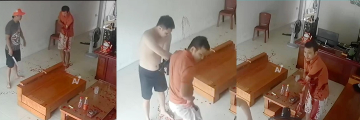 血腥慎入 越南街头血腥事件，一男子因感情纠纷持刀砍断另一男子手臂，现场血流成河惨不忍睹