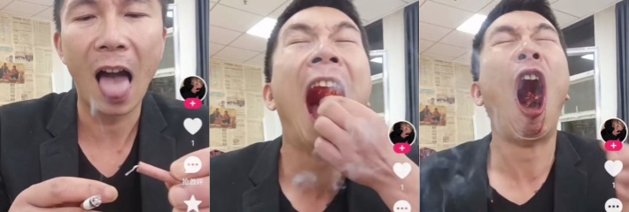 为了博流量无底线 男子直接把鞭炮点燃放嘴里等爆炸 嘴都被炸出血了 真是脑子有问题