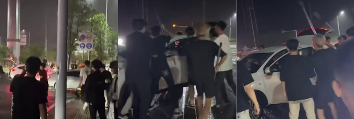 湖南长沙宁乡精神小伙 雨夜大乱斗 现场混乱开车撞人 场面一度壮观