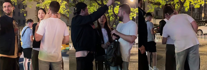 北京三里屯 深夜街头一拖二 女生在两个外籍男之间风骚流转 现场画面引发热议