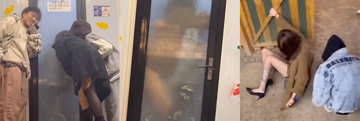 在大排档吃宵夜见两人去厕所半天不见人 往前一看原来是在里面干炮呢！