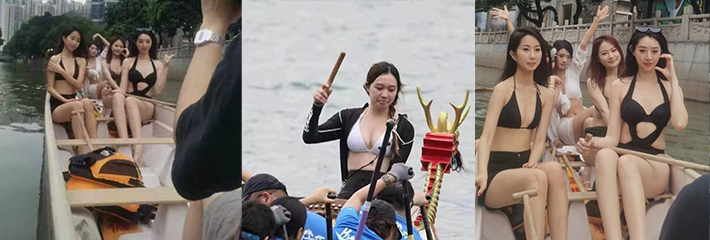 端午将至 国内某地大搞龙舟媛 帅哥美女们都清凉上阵划龙舟！