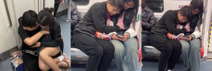 戴眼镜的小情侣 地铁上旁若无人的摸奶调情 连续两次都被拍摄曝光！