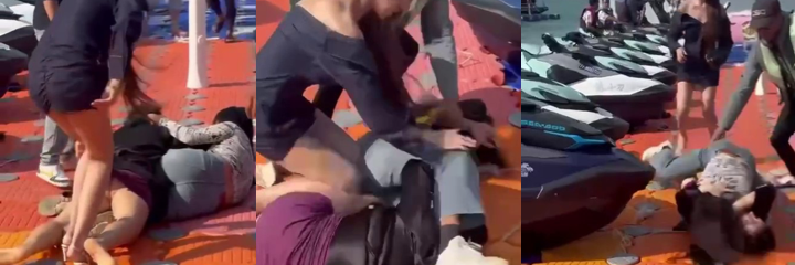 三亚海边钟情会所 两女情绪失控互相撕扇 场面一片混乱 内裤没穿都被打出来了！