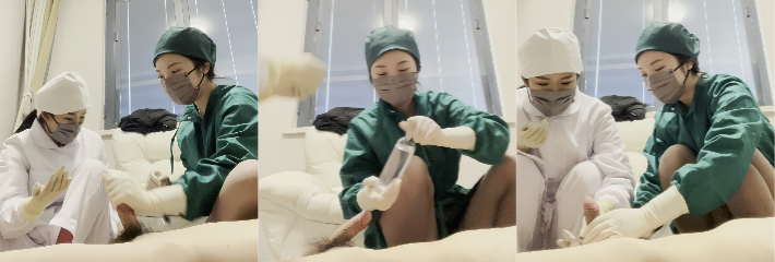 医院女护士双人挤着给男顾客打飞机取精 射了还继续折磨龟头 这太会玩了