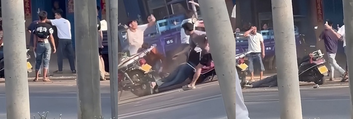 猛男精神小伙街头大乱斗 斧子车锁沦为工具 现场太混乱引发路人围观