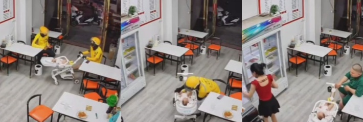 来自外卖小哥的正能量 商家着急出餐 外卖小哥轮流照顾店家子孩