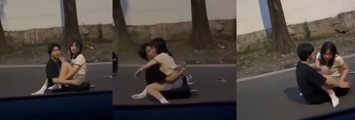 情侣公然在马路上亲热 就不怕被车撞 ？果然心里强大哪里都是热爱场所