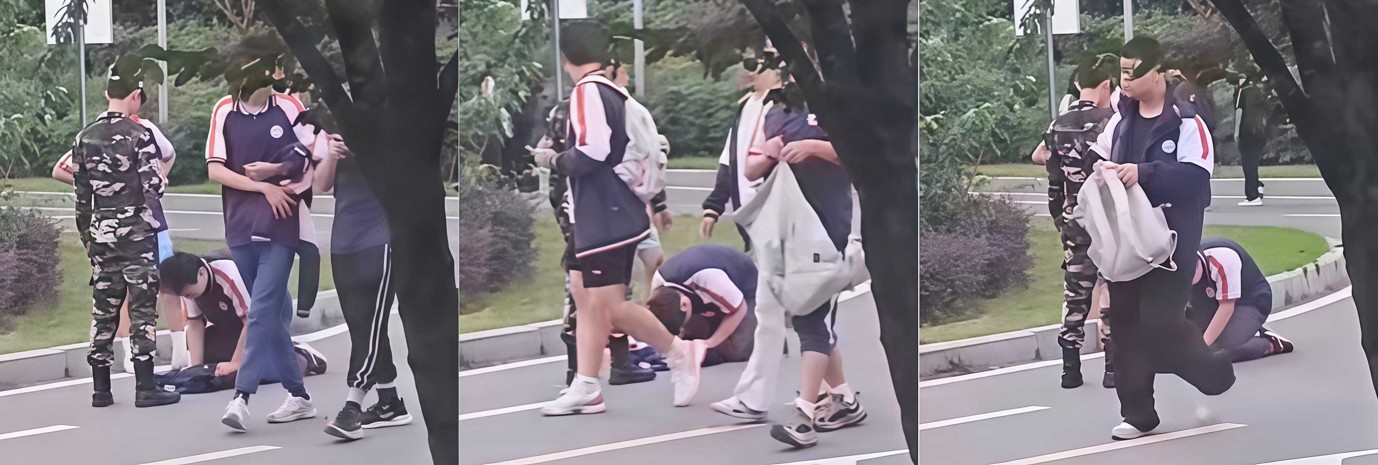 重庆市渝北职业教育中心 一学生担心扣分当众给纠察队下跪磕头 引发多人围观拍摄