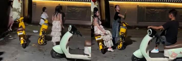 街边斗殴实拍 骑电动车大哥与一群精神小妹发生肢体冲突 现场一片狼藉