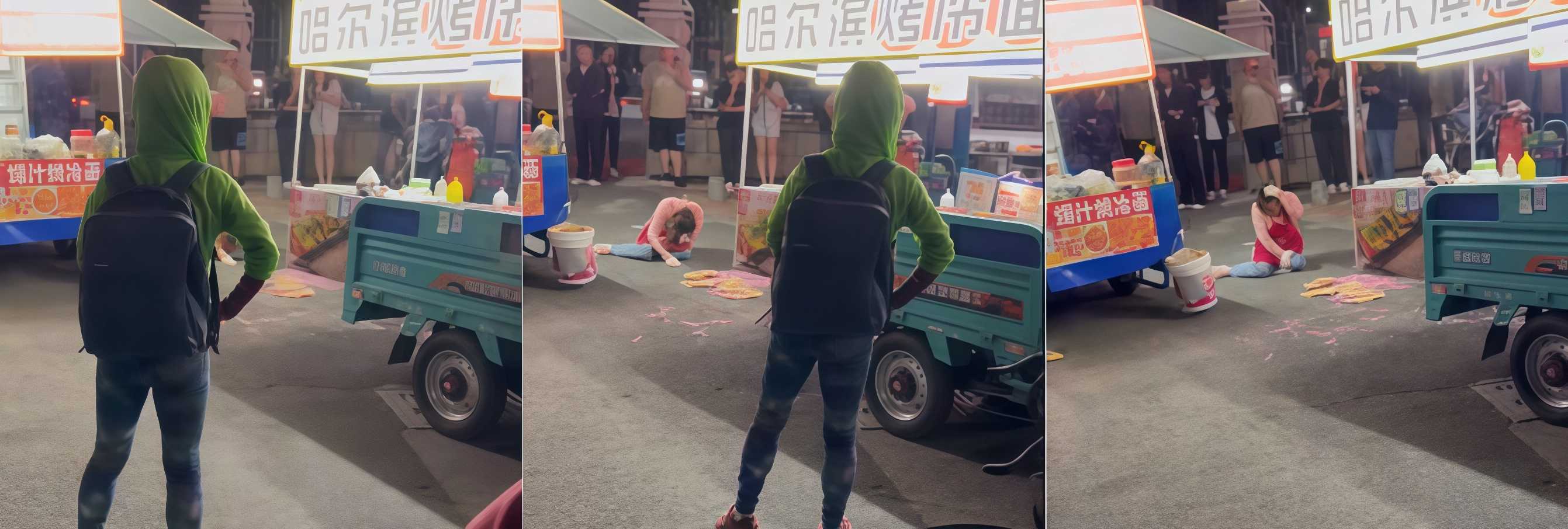 哈尔滨夜市出现惊人一幕 两位烤冷面摊主起争执打架互殴 场面一度失控！