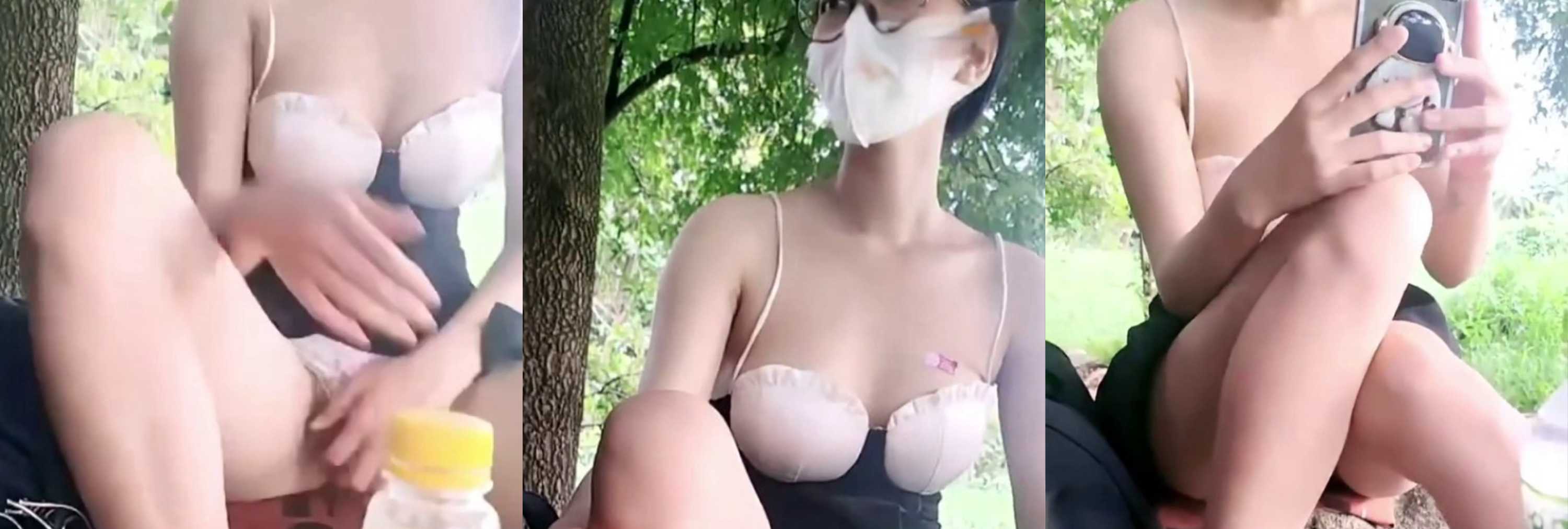 顶级反差母狗 公园自慰 眼镜骚货用雨伞遮挡 粉色跳蛋猛震 极限露出直播