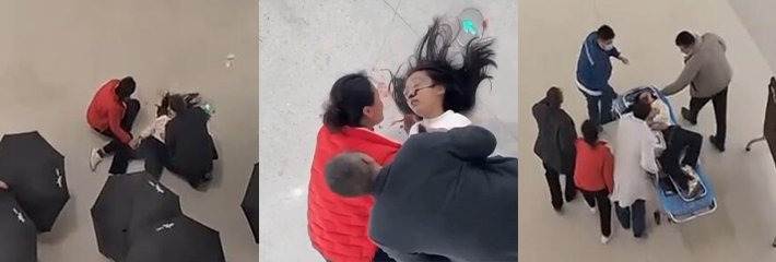 济宁万象汇坠楼事件 一名小女孩从4楼坠落与防护玻璃一起掉下 真是豆腐渣工程啊！