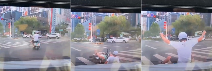 陕西榆林，老婆第一次独自开车找不到上班的路，老公骑电摩托给媳妇带路，结果把老公顶飞了！