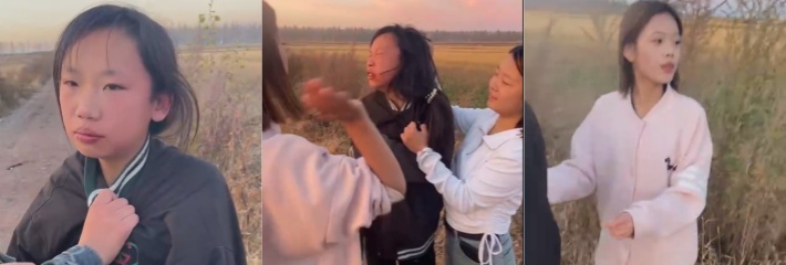 东北再现霸凌事件 几个精神小妹对一个黑衣少女进行长达5分多钟的拳打脚踢扇耳光 嘴巴都打歪了还不停手！