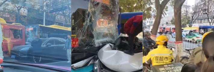 兰州一公交车刹车失灵造成多车相撞交通事故，一台rav4被挤成铁饼直接报废！