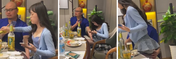 秃头老男人身带黑丝美女出席吃饭，吃着饭手都不老实四处乱摸！