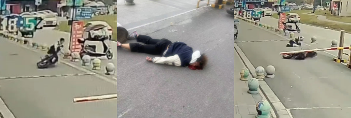 太惨了 一精神小伙骑车摔倒头刚好撞到石墩子上 挣扎了一下直接倒头就睡！
