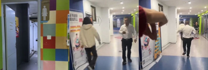 温州龙港商业广场2楼，一男子男扮女装被发现，凭着强大的心理素质顺利逃跑！