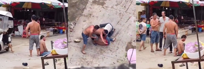 广西钦州大寺镇突发街区恶性斗殴事件 喝地道啤酒打亲朋好友 白衣男子拿石头猛砸倒地男子头部！