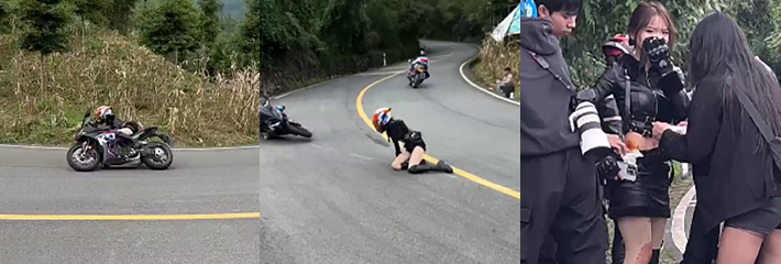 小仙女山路飙车装逼压弯失败，机车战士秒变机甲战士，女骑+短裤+丝袜真是buff叠满了