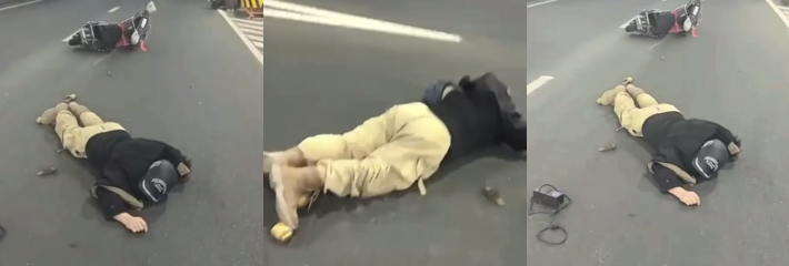 小伙隧道边骑车边看黄片 路面湿滑重摔 浪叫回荡隧道 老司机欲火酿惨剧！