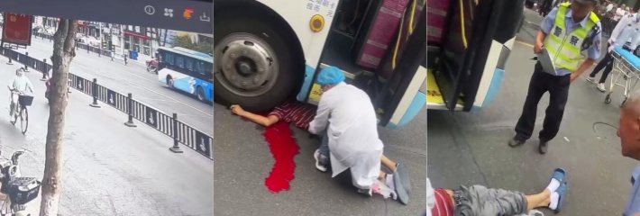 江苏扬州车祸 侧面来车一挤电动车 电动车碰倒了直接被公交车爆头！