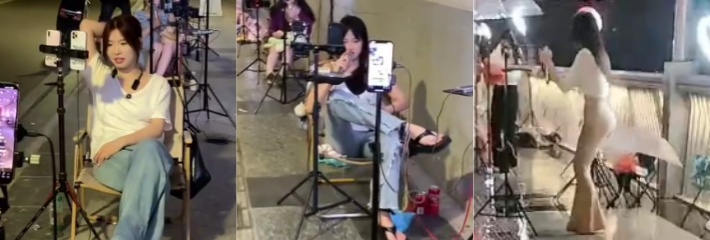 广西桂林网红一条街 下上演争宠戏码 各式主播席地而坐 搔首弄姿的叫着小哥哥