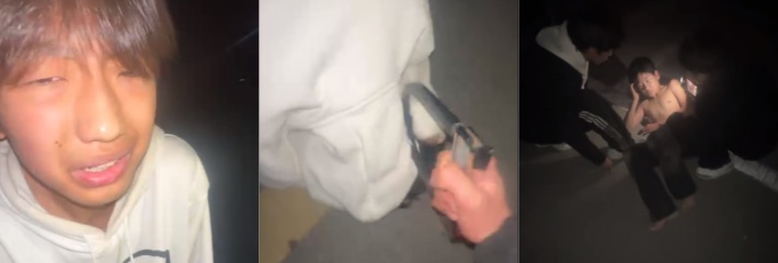 两精神小伙小小年纪不学好 半夜出来偷车被抓 偷到了社会小伙头上 被抓住一顿暴打！