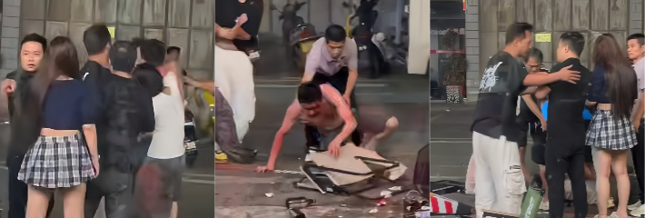 广州潮州路边摊醉汉打架群殴 啤酒瓶乱飞椅子掀翻 现场一片狼藉