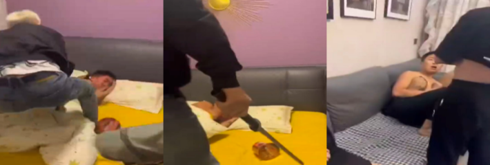 东北式“刀光剑影” 精神小伙携小妹持刀冲房暴打目标 下手狠辣 抓奸还是寻仇？