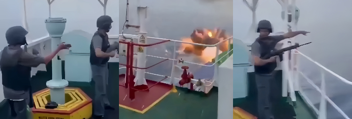 海上安保行动实录 安保人员精准命中海盗快艇油箱 目标瞬间爆炸