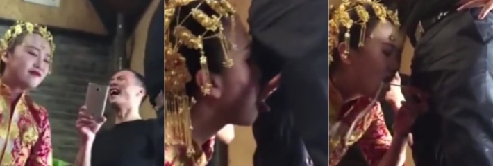 低俗婚闹现场 醉酒新娘当众表演口交吞精 白色的液体射了新娘一脸！