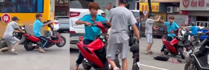 广西靓仔败类黄毛 电动车撞了老大爷还想跑 左右闪避把大爷耍得团团转！
