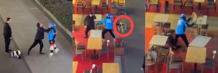 一路人和送外卖路过的小伙起争执 纠缠不休后面动手打人 外卖员一再忍让最后重拳出击 板凳精准爆头！